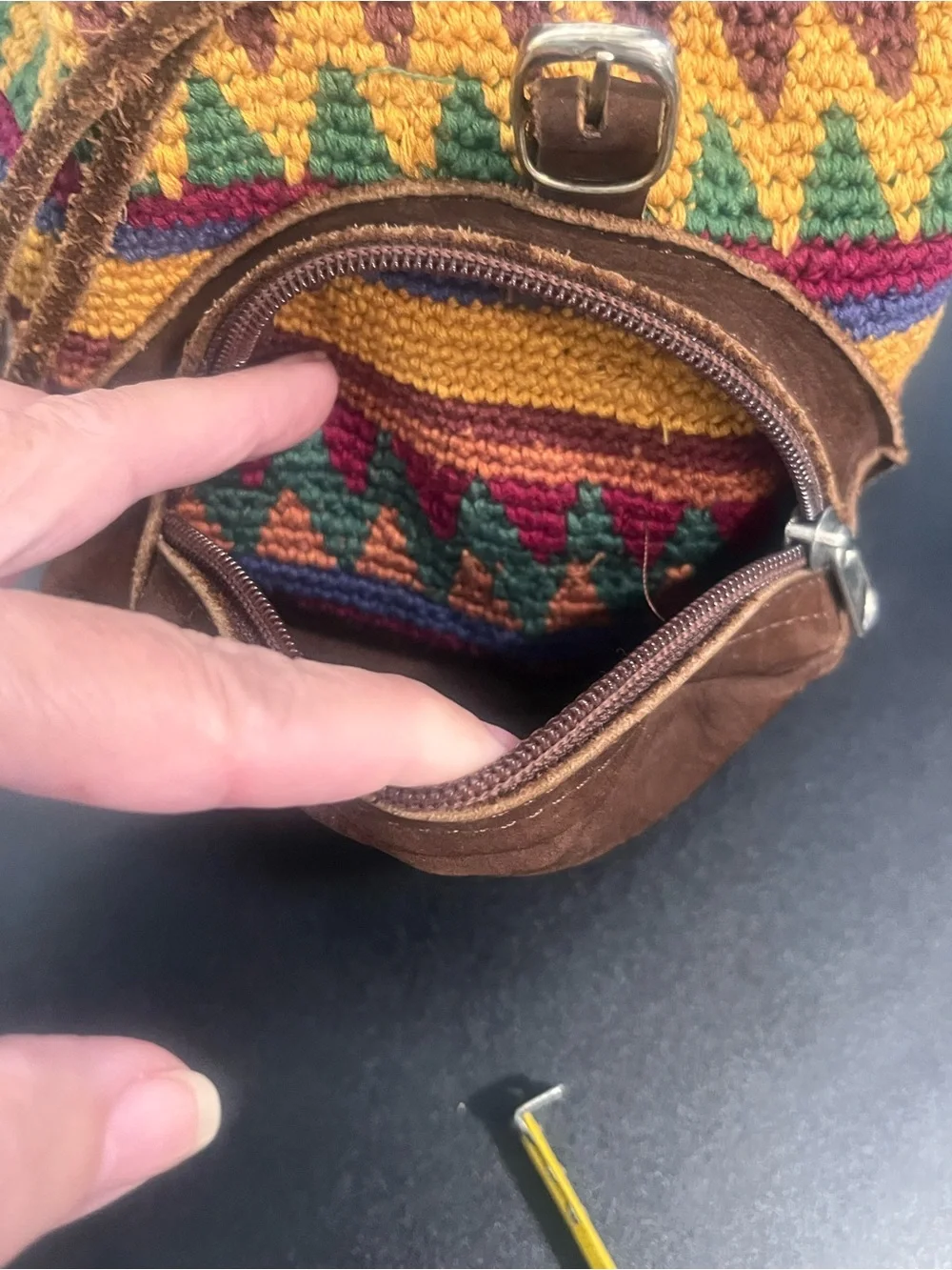 Handcrafted Multicolor Knit & Brown Suede and Leather Women's Small Backpack